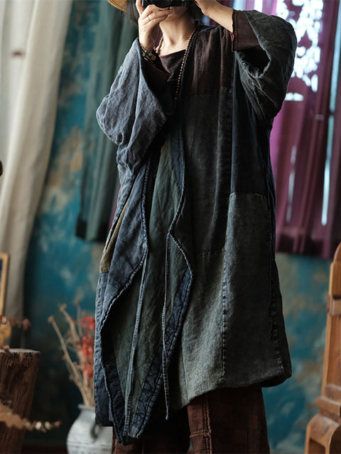 Women Autumn Spliced Strap V-Neck Linen Long Coat