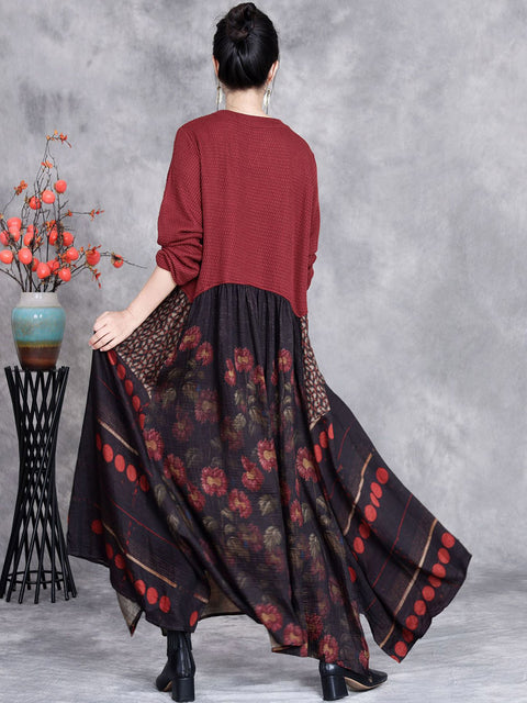 Women Autumn Flower Spliced O-Neck Loose Dress