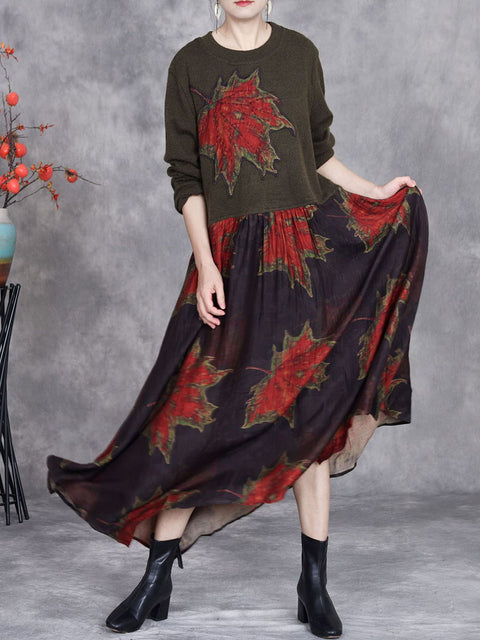 Women Autumn Maple Leaf Irregular Hem O-Neck Loose Dress