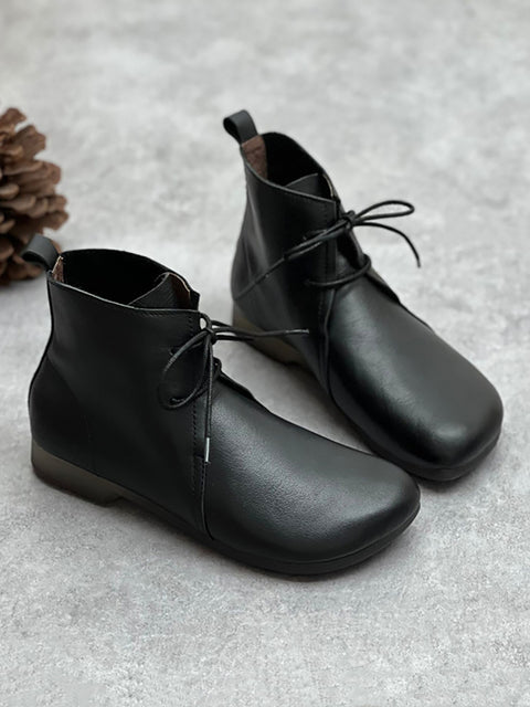 Women Autumn Solid Strap Genuine Leather Low Heel Boots