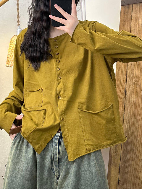 Women Vintage Solid Button Pocket O-Neck Cotton Blouse