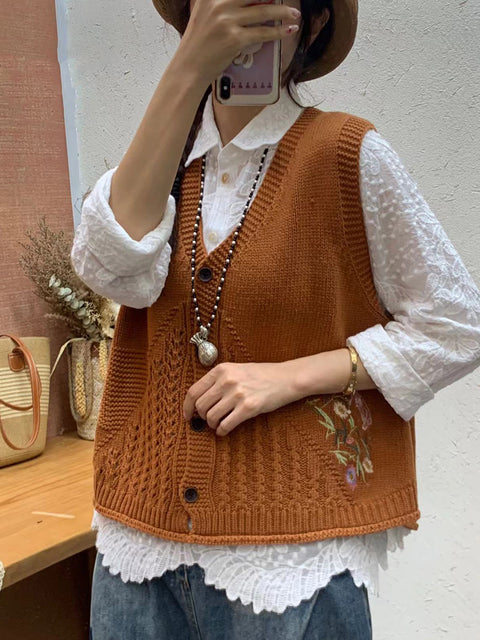 Women Autumn Artsy Flower Embroidery Knit V-Neck Vest