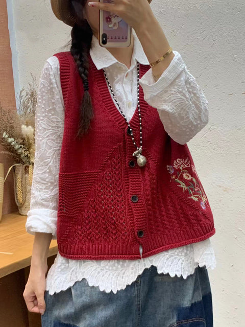 Women Autumn Artsy Flower Embroidery Knit V-Neck Vest