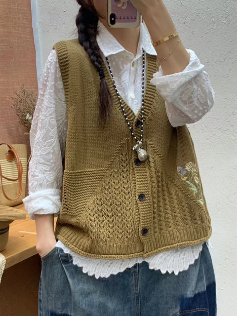 Women Autumn Artsy Flower Embroidery Knit V-Neck Vest