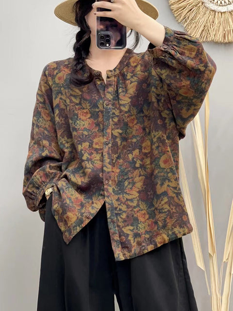 Women Autumn Artsy Flower Button-up O-Neck Cotton Shirt