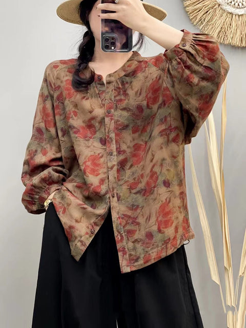 Women Autumn Artsy Flower Button-up O-Neck Cotton Shirt