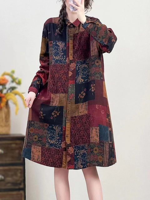 Women Autumn Vintage Flower Button-up Long Shirt