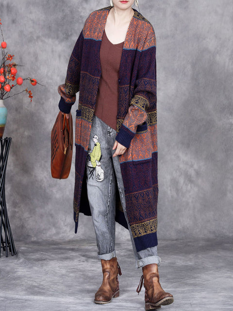 Women Winter Colorblock Wool Vintage Knitted Cardigan Coat