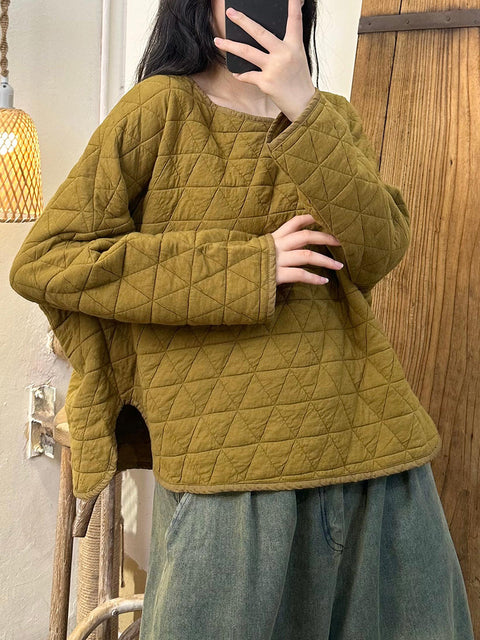 Women Artsy Autumn Rhomboids Stitching Padded Sweatshirt