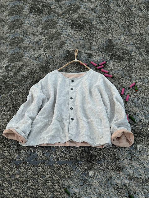 Women Vintage Autumn Pure Color O-Neck Linen Shirt Coat