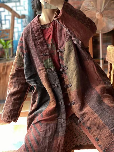 Women Ethnic Patchwork Spliced Loose Linen Coat