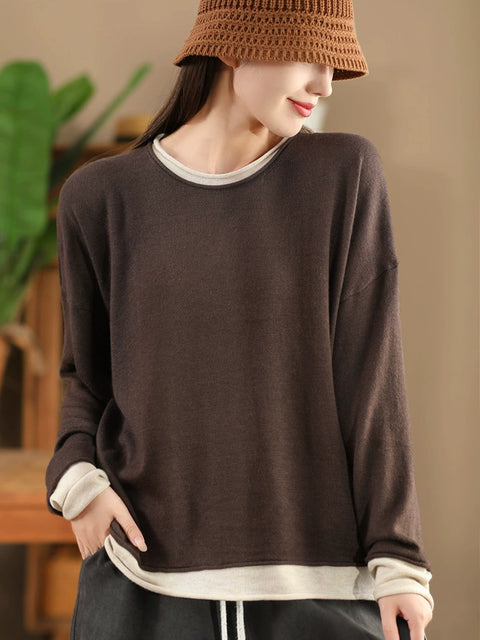 Women Casual Autumn Colorblock O-Neck Blouse