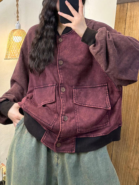 Women Autumn Casual Colorblock Cotton Baseball Jacket