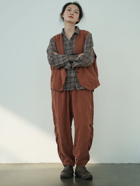 Women Autumn Vintage Solid Linen Loose Pants