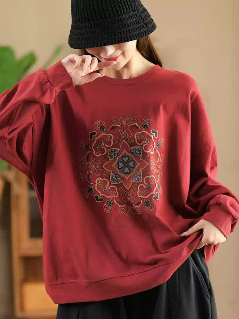 Women Autumn Flower Embroidery O-Neck Cotton Sweatshirt