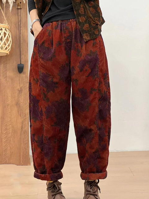 Women Autumn Retro Corduroy Flower Harem Pants