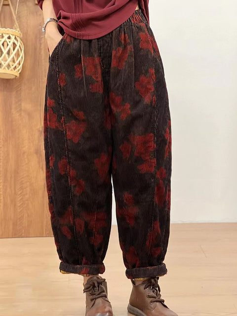 Women Autumn Retro Corduroy Flower Harem Pants