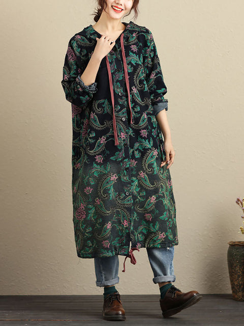 Women Autumn Vintage Flower Hooded Pocket Cotton Coat