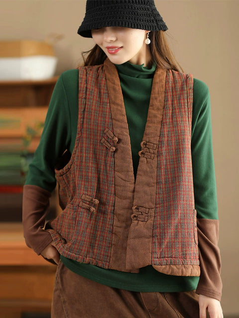 Women Ethnic Plaid Colorblock V-Neck Cotton Vest Coat