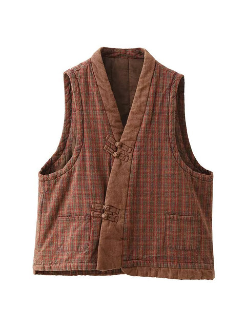 Women Ethnic Plaid Colorblock V-Neck Cotton Vest Coat