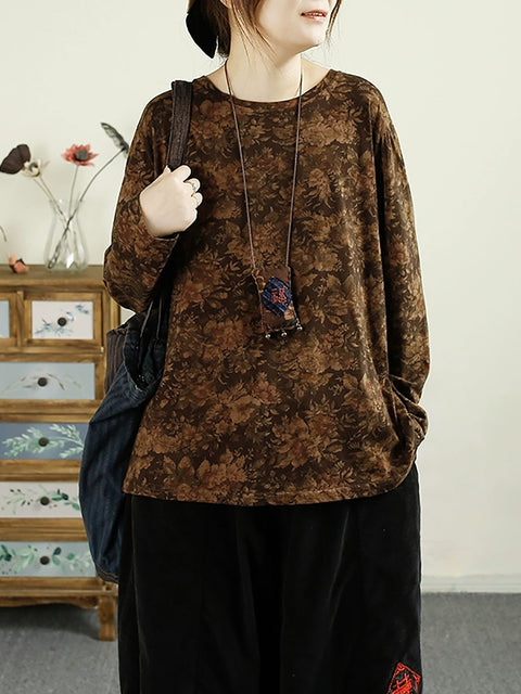 Women Autumn Flower O-Neck Cotton Blouse