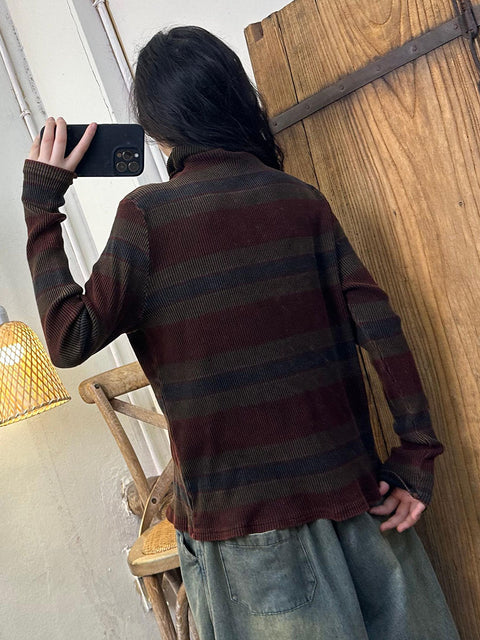 Women Casual Autumn Stripe Knit Turtleneck Sweater