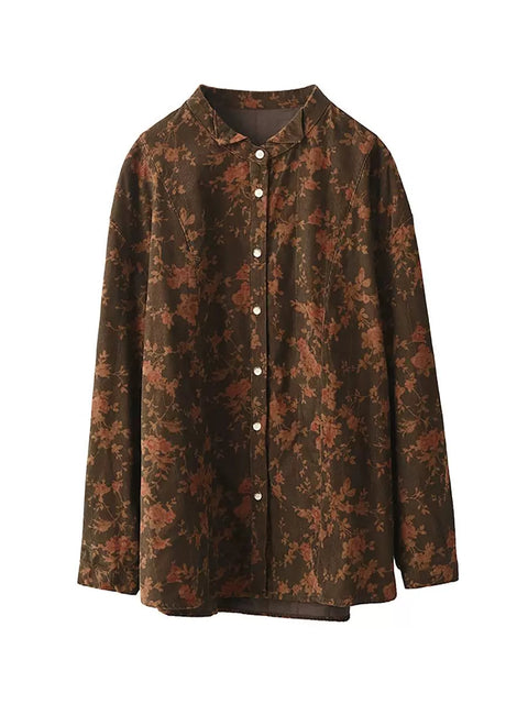 Women Retro Autumn Flower Turn-down Collar Corduroy Shirt