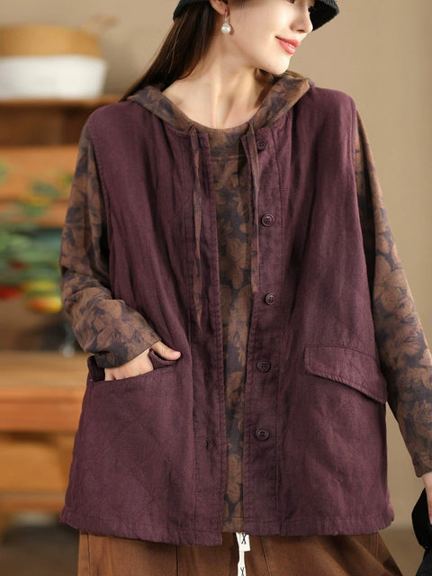 Women Retro Solid O-Neck Linen Vest Coat