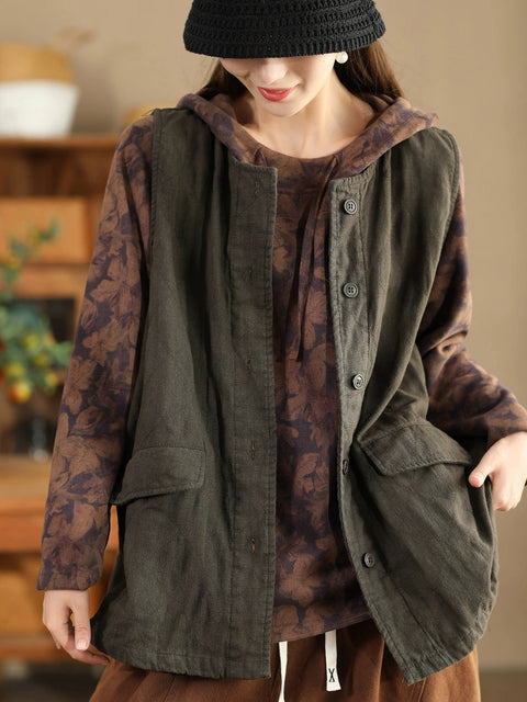 Women Retro Solid O-Neck Linen Vest Coat