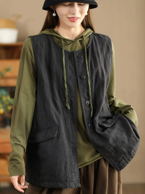 Women Retro Solid O-Neck Cotton Vest Coat