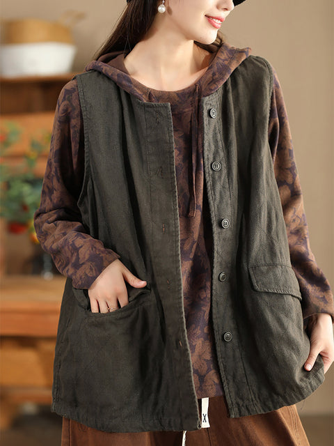 Women Retro Solid O-Neck Linen Vest Coat