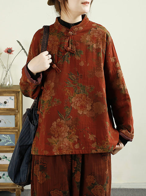 Women Ethnic Autumn Flower Buckle Cotton Stand Collar Coat