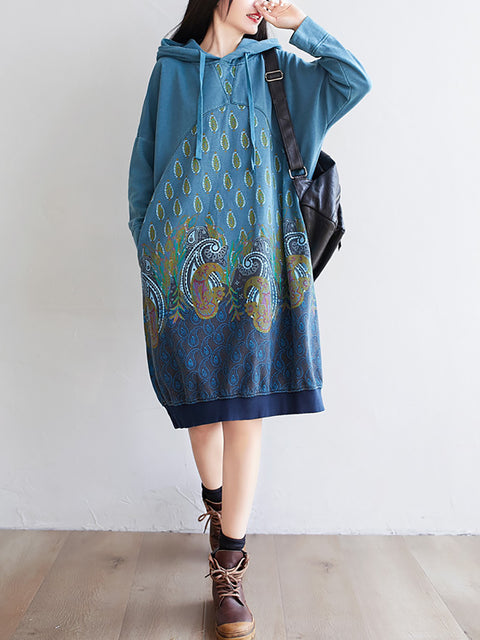 Women Ethnic Autumn Print Hooded Cotton Dress