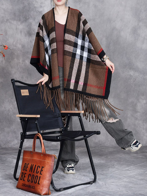 Women Vintage Winter Plaid Tassel Shawl Scarf