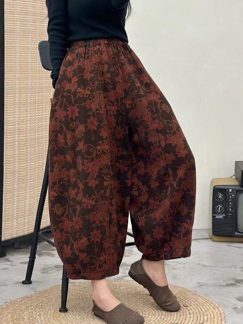 Women Autumn Retro Flower Spliced Loose Harem Pants