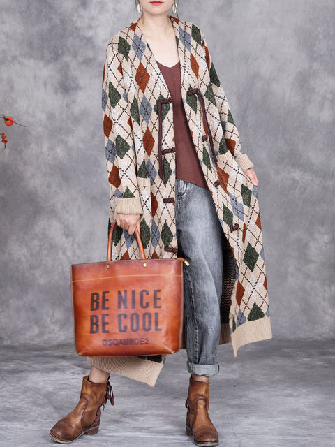 Women Autumn Artsy Rhomboids Knitted V-Neck Cardigan Coat