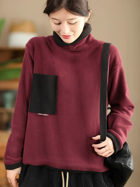 Women Autumn Retro Colorblock Turtleneck Cotton Sweatshirt