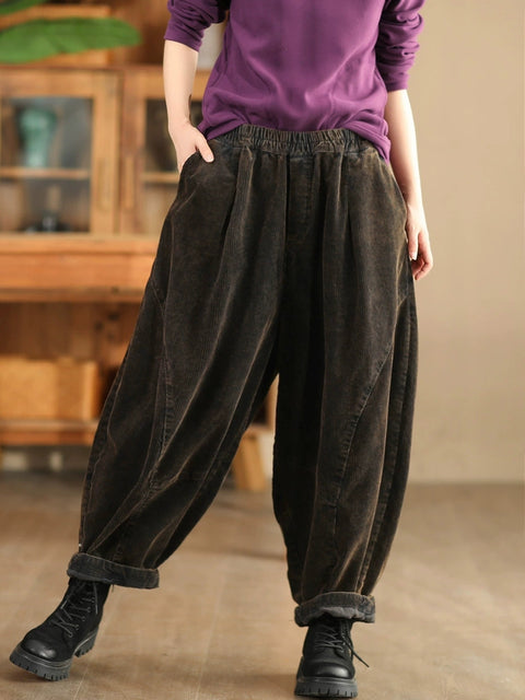 Women Autumn Vintage Solid Corduroy Spliced Harem Pants