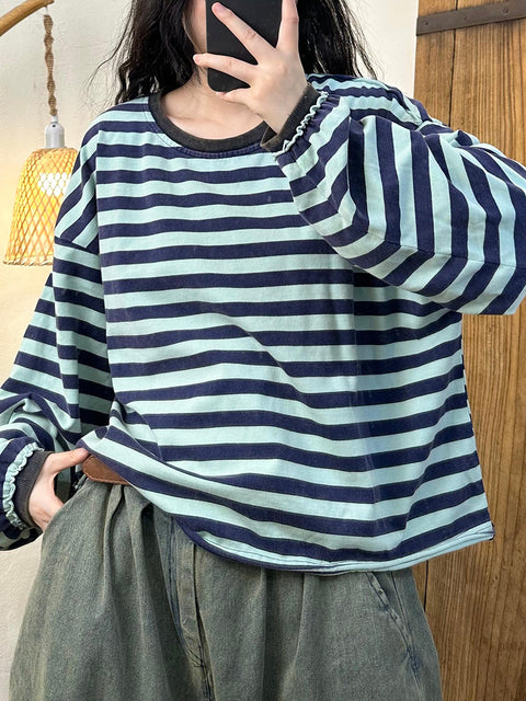 Women Casual Autumn Stripe Lantern Sleeve O-Neck Blouse