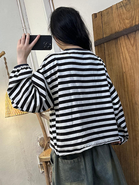 Women Casual Autumn Stripe Lantern Sleeve O-Neck Blouse