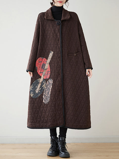 Women Winter Patch Spliced Rhomboid Thick Long Coat