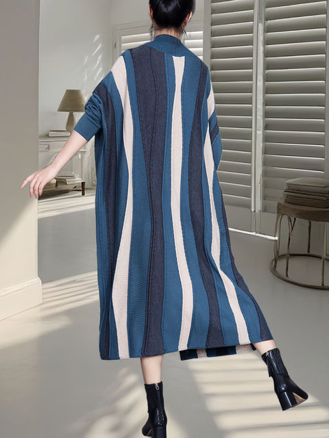 Women Autumn Artsy Colorblock Stripe Knitted Dress