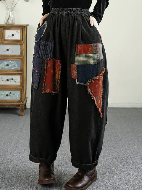 Women Autumn Retro Patch Spliced Denim Harem Pants