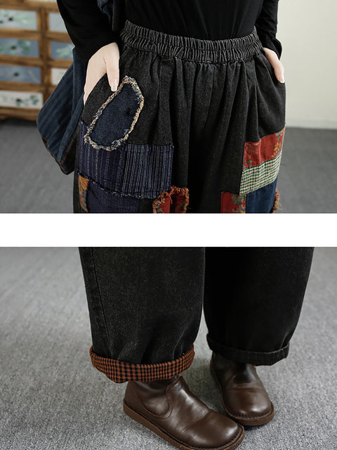 Women Autumn Retro Patch Spliced Denim Harem Pants