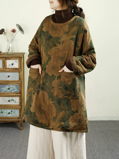 Women Autumn Vintage Flower O-Neck Linen Padded Coat