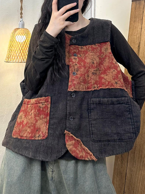 Women Retro Print Button-up Linen Padded Vest