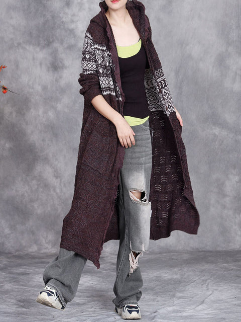 Women Autumn Artsy Hollow Out Knit Cardigan Hooded Coat