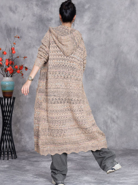 Women Autumn Artsy Color Mix Knit Cardigan Hooded Coat