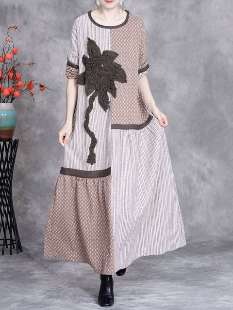 Women Autumn Artsy Dot Stripe Spliced Flower O-Neck Dress