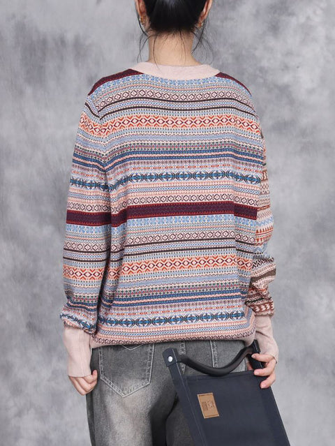 Women Autumn Artsy Stripe Knit O-Neck Wool Sweater